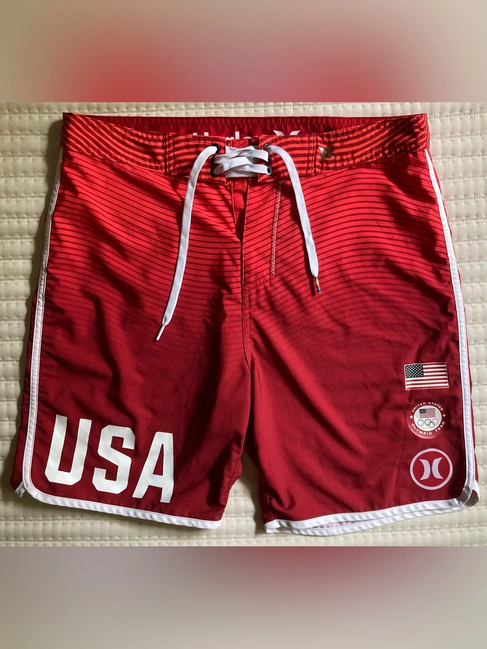 Hurley Phantom USA Olympic Board Shorts Men’s 32 Red 7” Unlined Surf Swim Beach